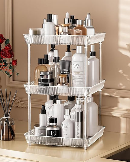 2 Tier Lazy Susan Bathroom Countertop Organizer, 360° Clear Rotating Square Storage Tray, Cosmetics and Perfume Organizer, Spinning Storage Tray Vanity Organizer Shelf for Bathroom Cabinet, Kitchen