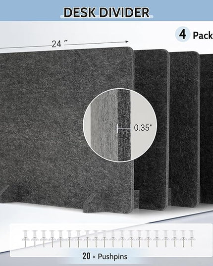 4 Pack Acoustic Desk Dividers - 24" x 20" Freestanding Privacy Panels Set with Noise - Reducing Design Cubicle Sound Proof, Ideal for Office, Classroom, and Home (Dark Gray)