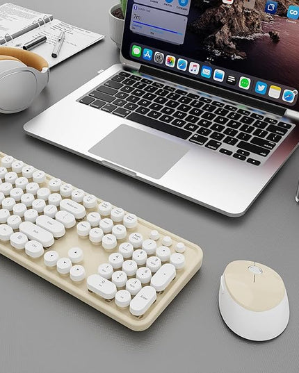 Wireless Keyboard and Mouse Combo, Ergonomic Full Size Typewriter Retro Round Keycaps Keyboard, Compatible with Windows, PC, Perfer for Home and Office Keyboards (Beige