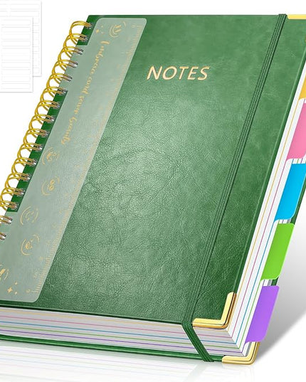 Hardcover Spiral Notebook Journal, 8"x10" Large B5 Notebooks with Removable Dividers Tabs, 300 Pages Leather 5 Subject Notebook College Ruled, Journal for Work School Note, 100 GSM Thick Paper,Green.