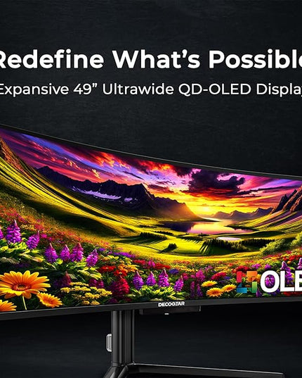 Deco Gear 49-inch Super UltraWide QD-OLED 5120 x 1440 (DQHD) Computer Monitor, 144Hz, Speaker, Adaptive-Sync, USB-C 90W, KVM, HDMI, DP, VESA Mountable, Tilt, Adjustable, 0.03ms, American Seller