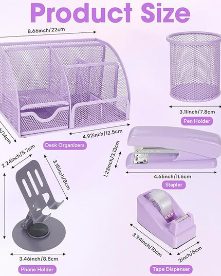 Desk Organizers and Accessories, Office Supplies 15PS Set with Stapler, Staple Remover, Pen Holder, Clips Set, Tape Dispenser, Tape, Phone Holder, 1000 Staples, Ruler, Scissors (Purple)