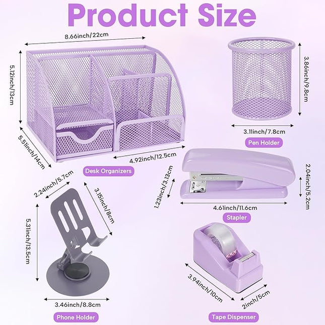 Desk Organizers and Accessories, Office Supplies 15PS Set with Stapler, Staple Remover, Pen Holder, Clips Set, Tape Dispenser, Tape, Phone Holder, 1000 Staples, Ruler, Scissors (Purple)