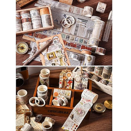 18 Rolls Vintage Washi Tape Set, Castle Stamp Music Retro Masking Tape 5/10/15/20/25/30/50/75mm Wide 6.56ft Long Decorative Scrapbook Tape for journaling, Scrapbooking Supplies, Junk Journal Craft