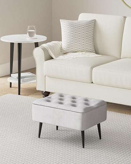 BIRDROCK HOME Tufted Rectangle Grey Ottoman – Velvet Foot Stool – Mid Century Modern Steel Legs - Soft Compact Padded Stool - Living Room or Bedroom – Vanity Chair - Decorative Furniture