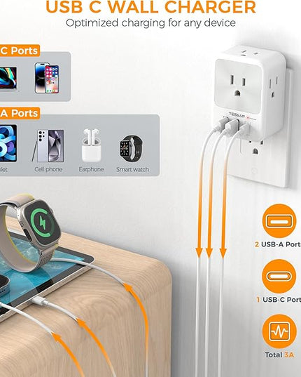 Surge Protector Wall Outlet Extender, TESSAN Multi Plug Outlet Splitter with 3 USB Charging Blocks(1 USB C), Multi Plug Wall Charger for Home, Office, School, College Dorm Essentials