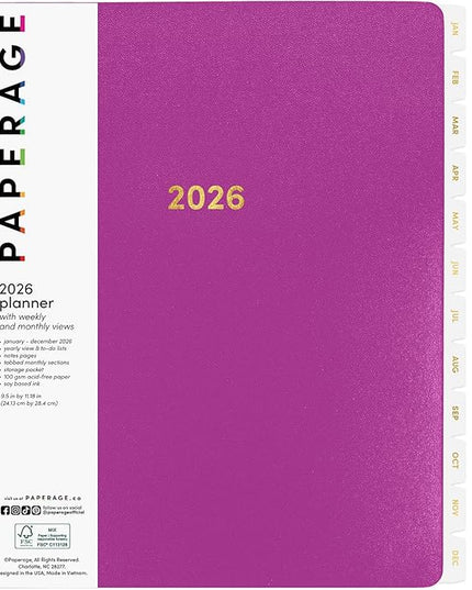 PAPERAGE 2026 Weekly & Monthly Planner, 12 Months (January 2026 - December 2026), 9.2 in x 11.2 in, Spiral Bound 2026 Planner with Weekly, Monthly & Yearly Views, Note Pages & Inner Pocket – Raspberry