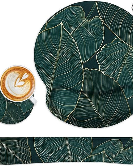 Britimes Ergonomic Mouse Pad Set with Wrist Rest Green Palm Leaves Non-Slip Rubber Base Wrist Cushion Support and Coasters Mousepad with Wrist Support for Computer Keyboard and Desk