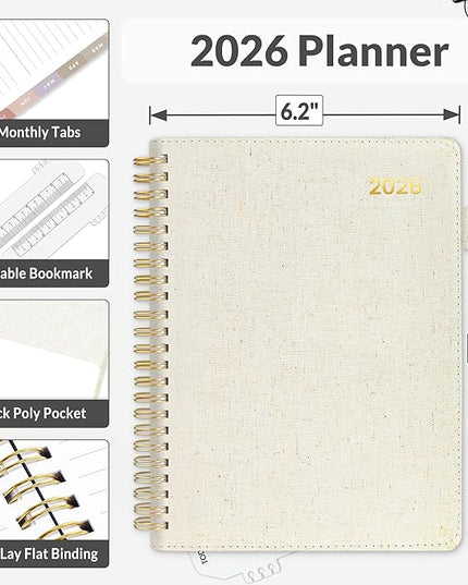 SUNEE 2026 Weekly & Monthly Planner 6.4"x8.5"- 12 Month (January 2026 - December 2026), Vegan Leather Cover, Pocket, Bookmark, Notes, Monthly Tab, Beige