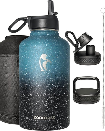 Coolflask 64 oz Water Bottle Insulated with Straw&3 Lids, Half Gallon Water Jug Galaxy Large Metal Stainless Steel Vacuum Flask for Gym, Sports and Travel, Keep Cold 48H Hot 24H,Turquoise
