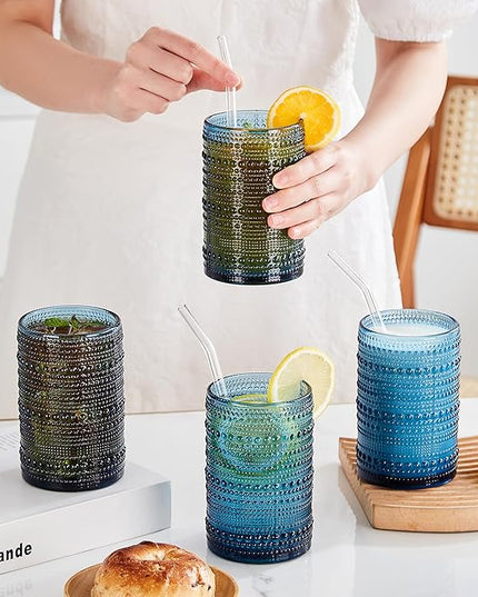 Vintage Hobnail Drinking Glasses Set of 12, 15oz Textured Tumblers - Embossed Blue Bar Glasses for Cocktails, Beer, Whiskey, Dishwasher-Safe Highball Cups for Kitchen, Juice & Mixed Drinks