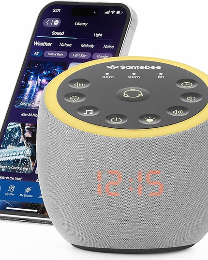 White Noise Sound Machine for Sleeping, 388 Soothing Sounds, Smart APP Control, Custom Buttons, Non Looping Natural Sounds, Bedside Dimmable Clock, Night Light, Santebee for Adults Baby Kids Lullaby