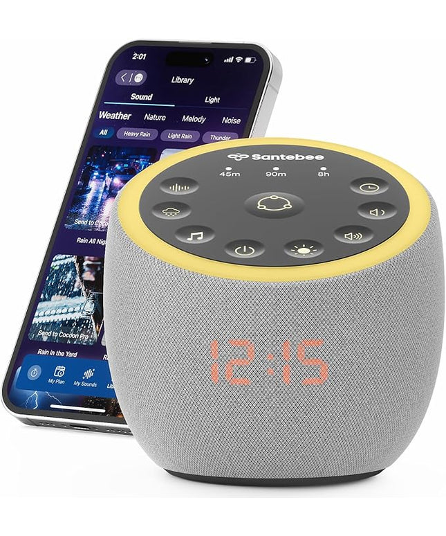 White Noise Sound Machine for Sleeping, 388 Soothing Sounds, Smart APP Control, Custom Buttons, Non Looping Natural Sounds, Bedside Dimmable Clock, Night Light, Santebee for Adults Baby Kids Lullaby