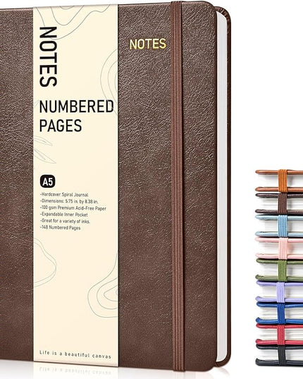 Lined Spiral Journal Notebook, A5 Hardcover Spiral Journals for Women Men, 150 Numbered Pages Spiral Bound Notebook, 100 GSM College Ruled Notebooks for Writing Note Taking 5.75" x 8.38", Dark Brown