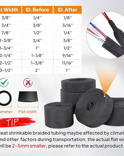 Black 2:1 Ratio Automotive Heat Shrink Braided Sleeving,Wear-Resistant Flat Woven Shrinkable Sleeve Fabric Car Cable Wires Hoses Protection (2''-8ft)