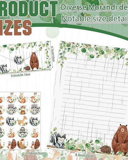 TaoBary 160 Pcs Stationery Paper Set 50 Double Sided Stationery Papers with 50 Matching Envelopes and 60 Round Dot Sticker, 10 Design(Woodland Animal,8.5 x 11 Inch)