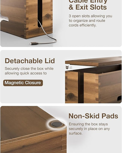 Acacia Large Cable Management Box - 15" L Cord Box Hider, Power Strip Box for Office - Cable Hider Box, Surge Protector Box - Wire Box Hider for Desk - 3 Open Slots, Magnetic Lid (Walnut color)