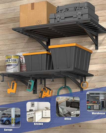 2-Pack 2x3ft Garage Shelving Wall Mounted, 2' x 3' Heavy Duty Garage Storage Shelves with Hooks, 400LB Capacity