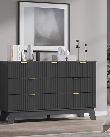 BORNOON Fluted 7 Drawer Dresser, 47.2" Wide Modern Boho Chest of Drawers, Wooden Storage Dresser TV Stand for Bedroom, Living Room, Closet, Hallway, Curved Profile Design