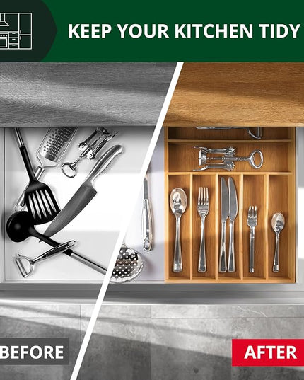 ROYAL CRAFT WOOD Luxury Bamboo Utensil Rack and Silverware Organizer, Kitchen Drawer Organizer - Utensil Holder and Cutlery Tray with Grooved Drawer Dividers for Flatware 7 Slot, Natural