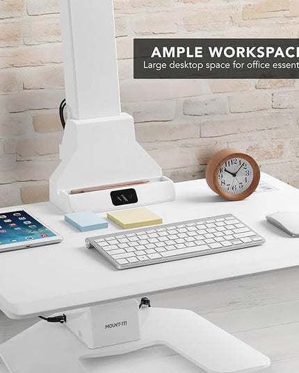 Mount-It! Electric Standing Desk Converter, Motorized Sit Stand Desk Riser with Dual Monitor Mounts, Adjustable Height Ergonomic Workstation with 28” Wide Platform and Tablet/Phone Slot, White