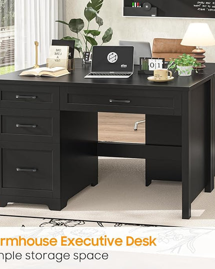 Vabches Farmhouse 47" Executive Desk with File Drawer, Workstation for Home Office, Study, Writing,Wood Computer Desk with 3 Storage Drawers.(Black
