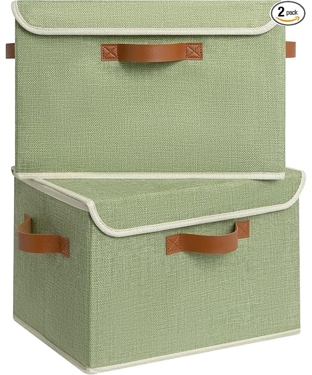 GRANNY SAYS Fabric Storage Bins with Lids, Decorative Storage Boxes with PU Handles, Keepsake Memory box, Shelf Baskets for Closet, Sage Green, Large, 2-Pack