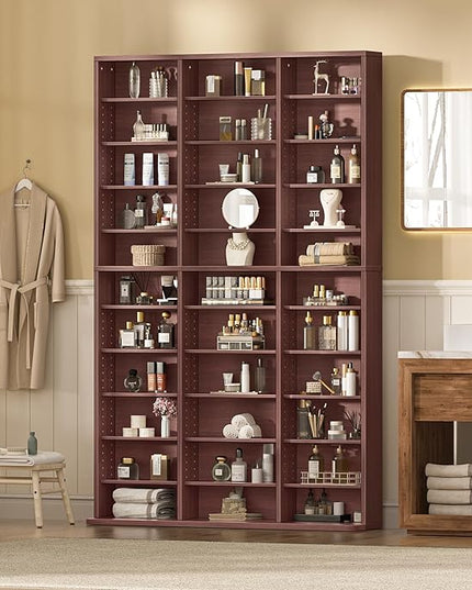 LELELINKY 11 Tier Tall Display Cabinet, Walnut Media Storage Cabinet with Adjustable Shelves, Free Standing DVD Organizer Shelf, Floor multimedia storage manga bookshelf for Living Room & Home Office.