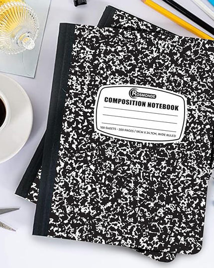Rosmonde 12 Pack Composition Notebook Wide Ruled Bulk, 200 Pages (100 Sheets), 9-3/4 x 7-1/2", Hard Cover Wide Ruled Notebook Bulk, Black Marble Composition Notebooks, Bulk School Notebooks