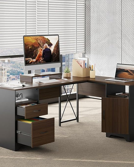 Bestier L Shaped Desk with File Drawers, 63" x 47" Office Computer Desk with Storage Cabinet, Corner Desk with Monitor Stand & Modesty Panel for Home Office, Cherry
