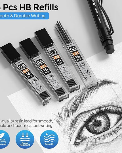 Nicpro Art Mechanical Pencil 0.9mm with Case, 3PCS HD1000 Hevey Duty Lead Pencils With 6 Tube HB 0.9 Lead Refill, Eraser, Weatherproof Barrel Pencil Set for Outdoor Writing Drafting Drawing Sketching