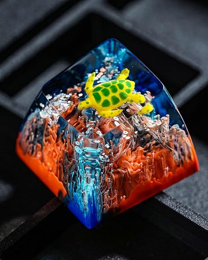 Sea Turtle Artisan Keycap Black and Red Coral Reef R1 SA Profile Custom Sea Creatures Keycaps 1U ESC Handmade Gaming Resin Key Cap Cherry MX Switch Compatible Mechanical Keyboard Turtle Lover Gift