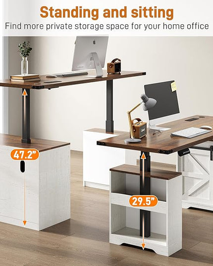 63" Farmhouse Electric Standing Desk Adjustable Height Sit Stand Corner Stand Desks, L Shaped Standing Computer Desk with Power Outlets & Storage Drawers & Sliding Door for Home Office, White