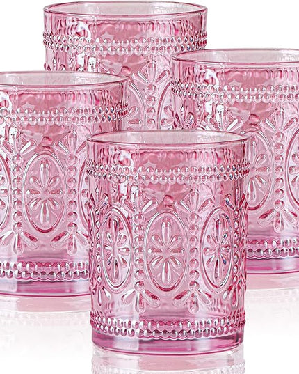 Pink Glassware set of 4, Vintage Drinking Glasses, 10oz Pink Heavy Duty Glass Cups, Old Fashioned Glass, Embossed Glasses Set for Party Wedding Home Office Glassesware Gift