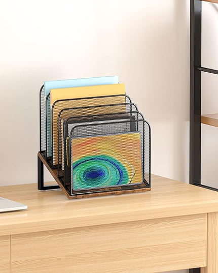 Piskyet Vertical File Organizer, 5-Section Vertical File Folder Holder Stand,Metal Mail Paper Chromebook Organizer for Teacher Desk Office Classroom Desktop Organization（Inclined）
