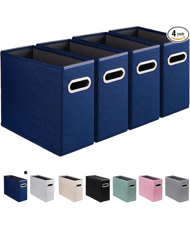 4 Pack Letter Size File Storage Box Collapsible, Fabric Hanging File Folders Organizer, Portable Office Document Holder with Metal Handle, Smooth PVC Rails, Blue