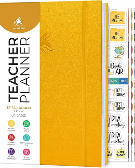 Clever Fox Teacher Planner Spiral – School Year Planner with Calendars & Lesson Plans – Teacher Plan Book for Classroom & Homeschool Organization - Undated, 7.9x10″ (Amber Yellow)