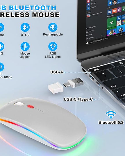 Azmall Bluetooth Wireless Mouse, Slim LED Rechargeable Silent Mouse with 2.4GHz USB-A/USB-C Receiver & Type-C Adapter, Compatible with Laptop, MacBook, iPad, iPad Pro,Mac,Tablet – Grey