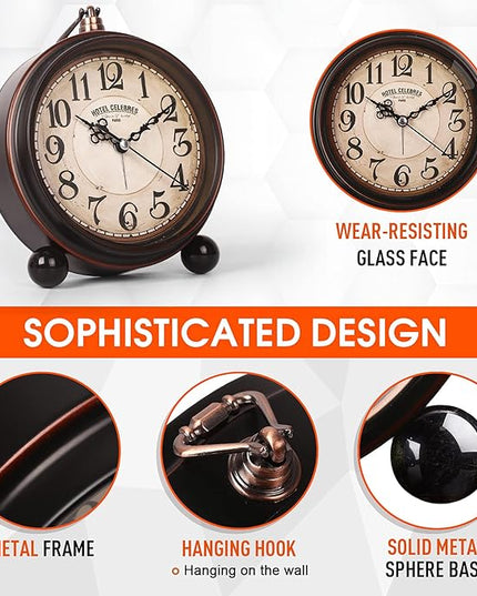 RODH Battery Alarm Clock,Night Light,Vintage Hangable Super Silent Non Ticking Analog Table Clock for Bedroom Bedside, Desk,Shelf