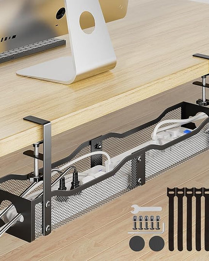 DELAMU 25'' Upgraded Under Desk Cable Management, No Dill Desk Cable Management with F-Clamp, Metal Cable Management Tray to Cord Organizer for Home Office, 1 Pack, Black