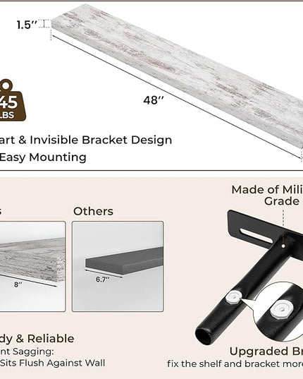 RICHFOCUS 48Inch Floating Shelves for Wall 2 Pack Shelves for Bedroom|Kitchen|Bathroom Wall Mounted Rustic Distressed Wood Floating Shelf with Invisible Brackets for Books|Storage|Decor, Rustic