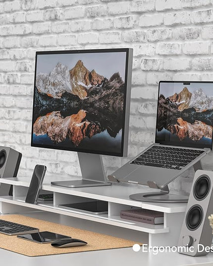 Monitor Stand Dual Monitor Stand Riser for Desk,Wood Desk Shelf Storage Organizer with Phone Tablet Holder (42.5 Inch, White)