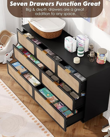 Garvee Rattan Dresser with 8 Drawers, Tall Modern Closet with Deep Storage, Large Chest of Drawers with Wide Top, Long Wooden Dresser for Bedroom, Living Room, Hallway, Kids Room, Black
