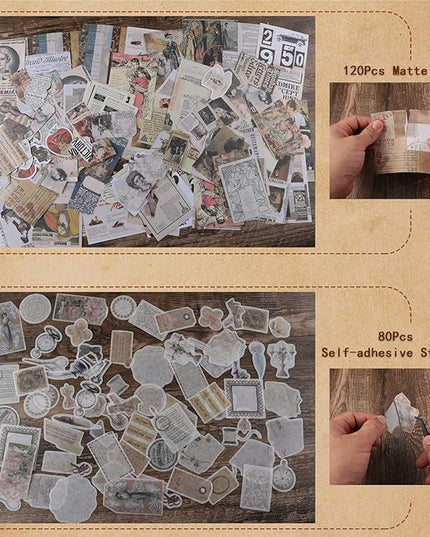 200Pcs Vintage Scrapbook Stickers, Aesthetic Junk Journal Stamping Supplies Kit, Scrapbooking Ephemera Washi Paper for Bullet Journaling Planners Diary Collage