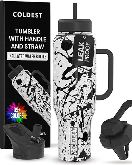 Coldest Tumbler with Handle and Straw - 100% Leak Proof Insulated Tumbler with Lid and Straw (3 Lids) - Stainless Steel Tumblers for Women & Men - Cup Holder Friendly Base, 46 oz (Dark Matter)