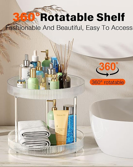 Acina 2-Tier Bathroom Countertop Organizer: 360° Clear Lazy Susan Rotating Storage Tray - Spinning Perfume Cosmetics Vanity Shelf for Bathroom Cabinet, Kitchen (Large)
