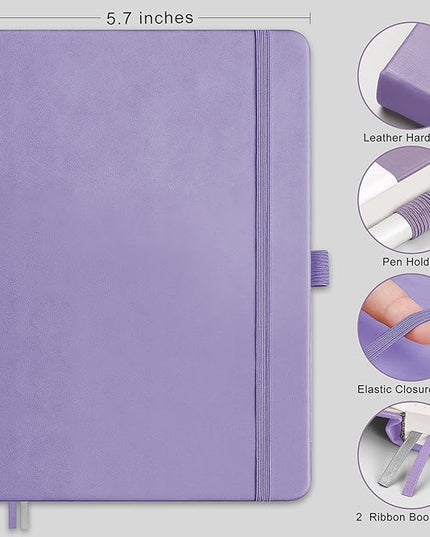 RETTACY Bullet Dotted Journal Notebook, 192 Pages, A5 Medium Size (5.7'' x 8.3''), Leather Hardcover, 100 GSM Thick Paper, for Bullet Journaling, Planning, Tracking (Purple)
