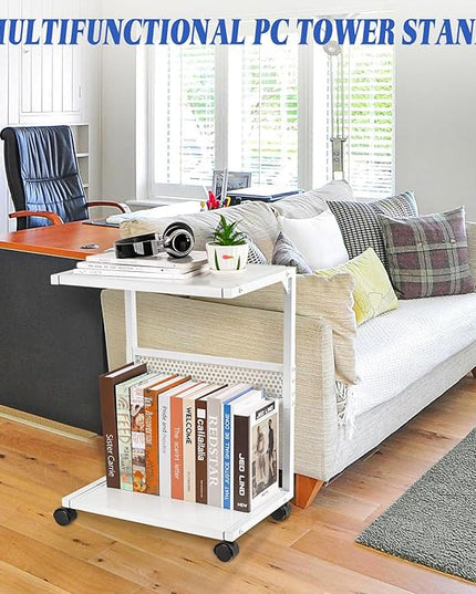 Liitrton PC Tower Stand 2-Tier CPU Stand with Locking Caster Wheels for Office & Home - Iron-White
