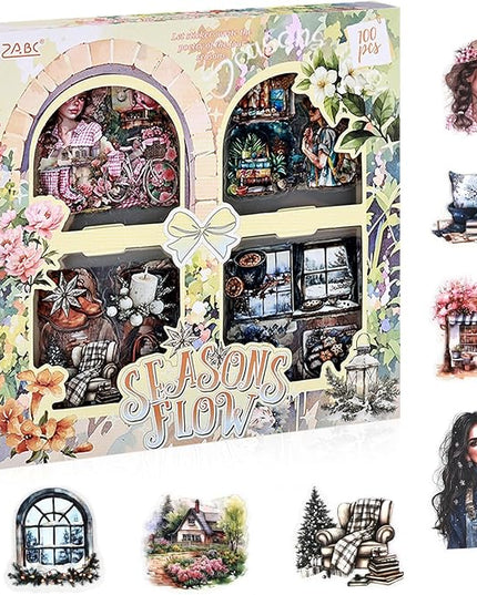 Scrapbooking Stickers Set for Adults, 100 Sheets 3.1 x 3.1 Inches Diecut Seasons Flow Theme, PET Stickers for Journaling, Junk Journal Supplies, Collage, Scrap Book, DIY Crats Arts Decorative