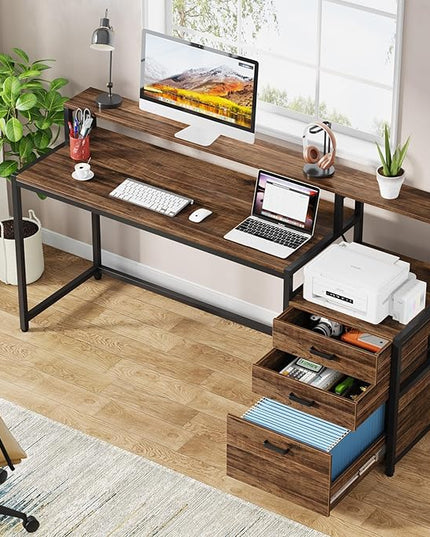 Tribesigns 63 Inch Computer Desk with File Drawer Cabinet, Ergonomic Office Desk with Monitor Stand, Industrial Computer Table with Printer Space, Wood PC Table Workstation Desk for Home Office